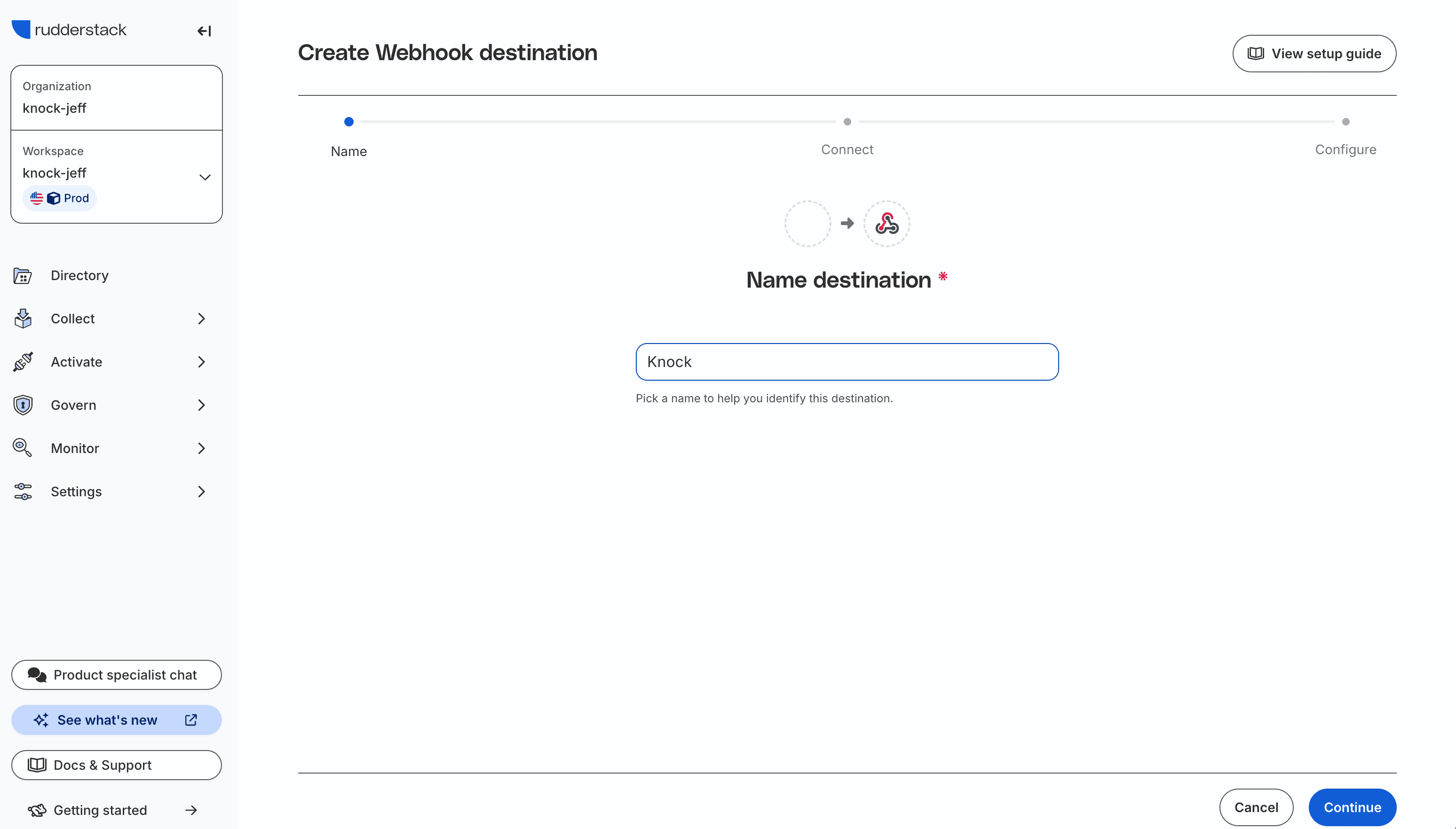 The RudderStack Create Webhook destination wizard with the Name field set to Knock