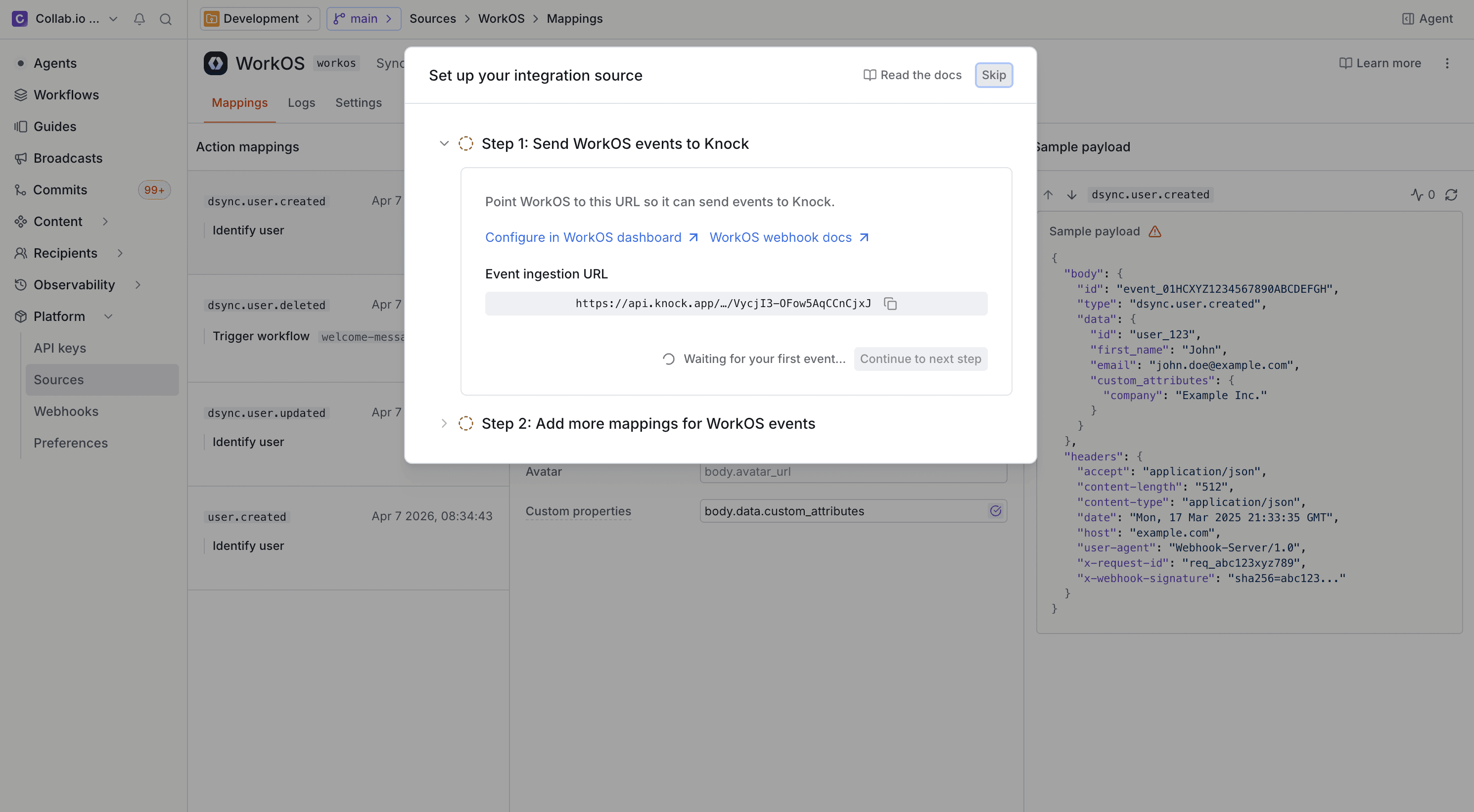 The WorkOS dashboard webhook endpoint detail page showing the signing secret
